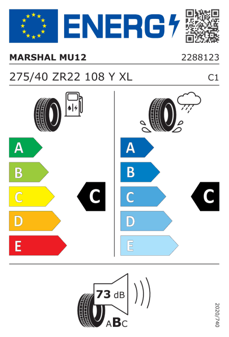 EU етикет: горивна ефективност C, сцепление на мокро C, шум 73 dB (клас B)