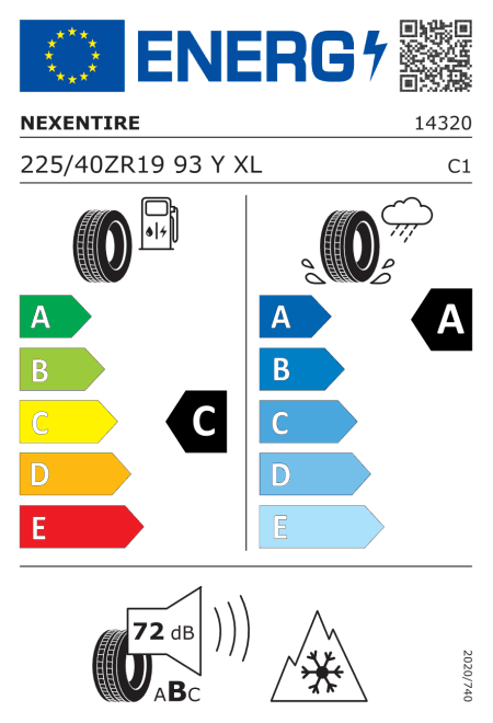 EU етикет: горивна ефективност C, сцепление на мокро A, шум 72 dB (клас B), за сняг (3PMSF)