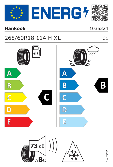 EU етикет: горивна ефективност C, сцепление на мокро B, шум 73 dB (клас B), за сняг (3PMSF)