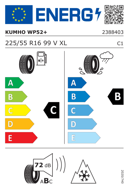 EU етикет: горивна ефективност C, сцепление на мокро B, шум 72 dB (клас B), за сняг (3PMSF)