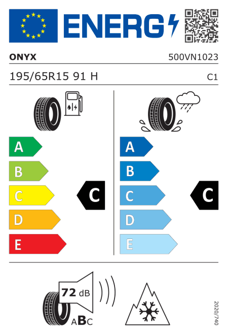 EU етикет: горивна ефективност C, сцепление на мокро C, шум 72 dB (клас B), за сняг (3PMSF)