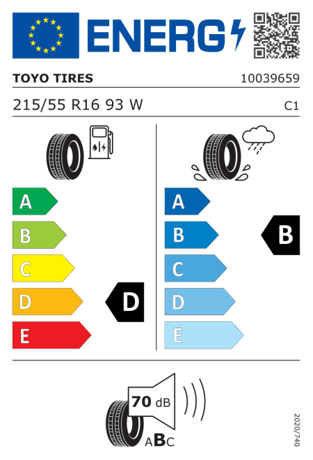 EU етикет: горивна ефективност D, сцепление на мокро B, шум 70 dB (клас B)