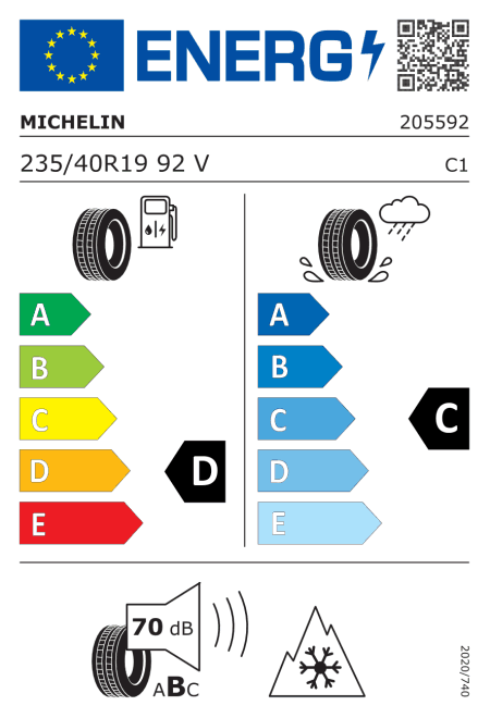 EU етикет: горивна ефективност D, сцепление на мокро C, шум 70 dB (клас B), за сняг (3PMSF)