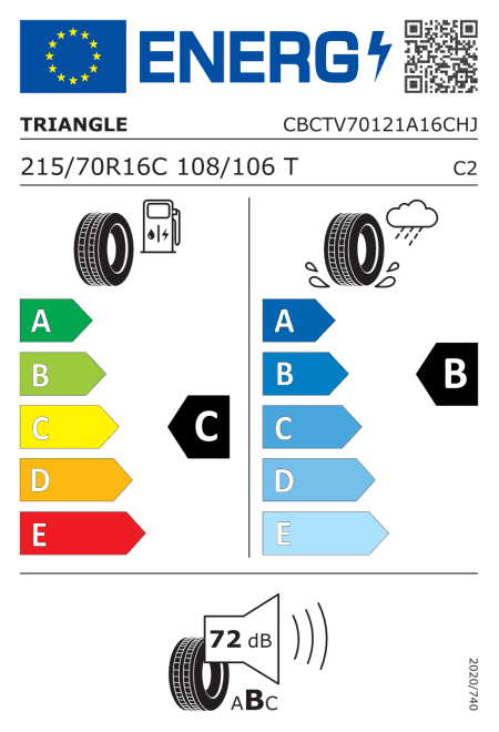 EU етикет: горивна ефективност C, сцепление на мокро B, шум 72 dB (клас B)