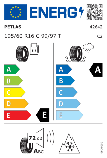 EU етикет: горивна ефективност E, сцепление на мокро A, шум 72 dB (клас A), за сняг (3PMSF)
